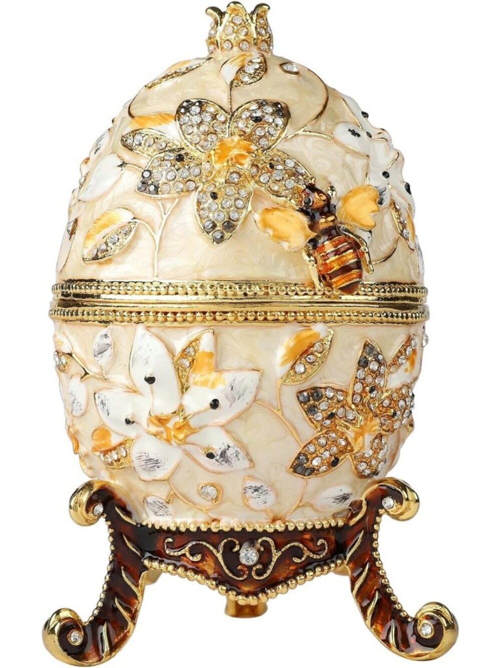 Hand-Painted Pearl White Easter Egg Trinket Box, Hinged & Jeweled Home Decor